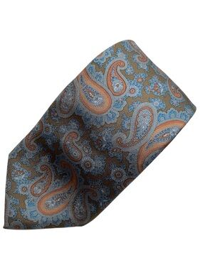 Mr Big 'n Tall Long Woven Silk Tie Brown Orange Slate Blue Paisley 63"